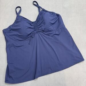 Lands End Ruched Tie Neckline Swim Top Tankini Underwire Womens 22W L Blue